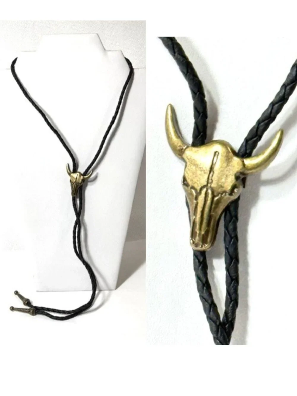Gold-tone bull skull, black cord western cowboy bolo tie.